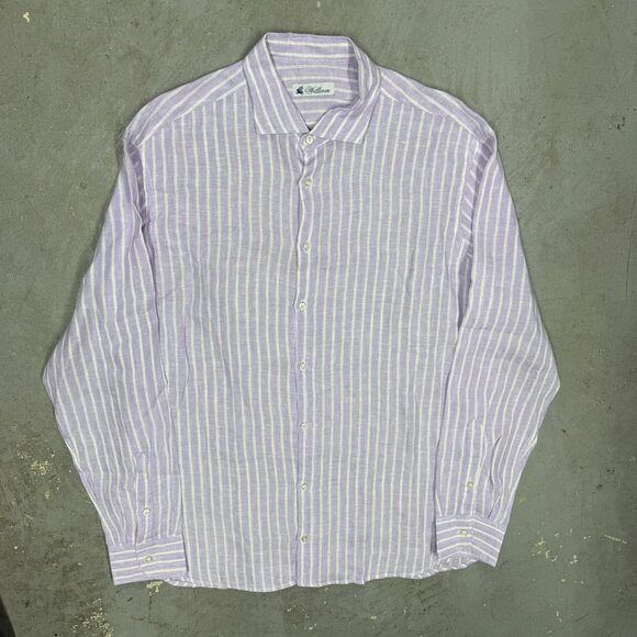 Willaim 100% Linen Dress Shirt Purple Striped Long Sleeve Made in Italy 18" XXL - Picture 2 of 9